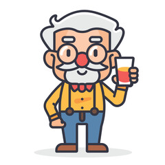 Elderly cartoon man holding glass, smiling, dressed suspenders bow tie. Cheerful senior character glasses, mustache, presenting beverage. Grandfather figure, festive attire, celebrating