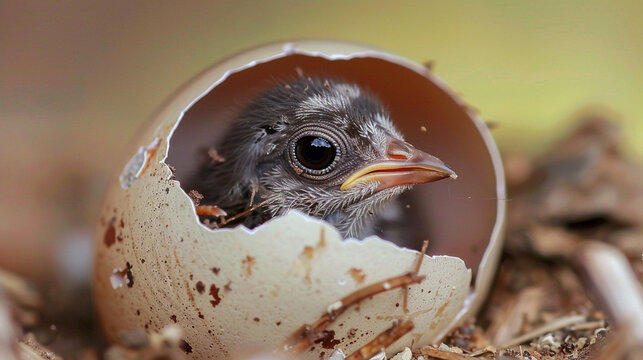 Close-up of a tiny bird hatching from an egg