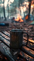 A camping mug made of metal placed on a wooden bench, with a campfire providing warmth in the background 8K , high-resolution, ultra HD,up32K HD
