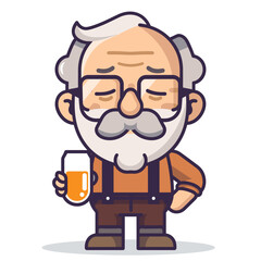 Elderly cartoon man enjoying beer, senior character holding mug, happy relaxed expression. Cartoon style senior man beard, suspenders, glasses, orange shirt, casual leisure depiction. Elderly male