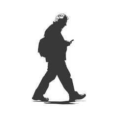 Obraz premium silhouette elderly man walking while playing on smartphone black color only