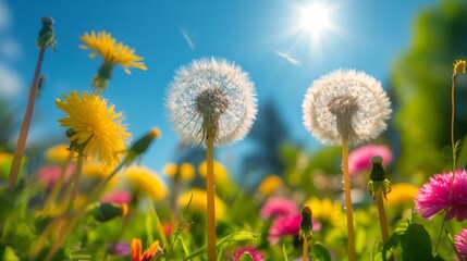 Dandelions in a Meadow under a Sunny Sky