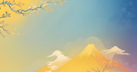 Digital painting, Gradient background with soft, blended colors transitioning from blue to yellow, Ukiyo-e art, intricate japanese patterns and setting