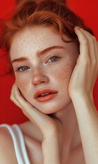 Fototapeta premium A portrait of a woman with red hair and freckles against a red background