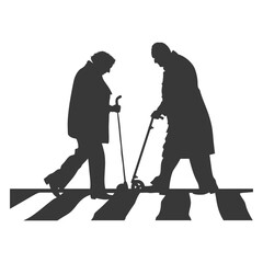silhouette elderly woman helps the elderly man cross the street black color only