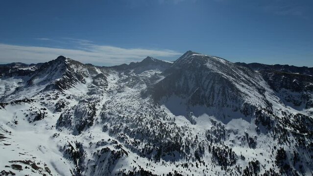 Aerial video over Coll blanc KSB ski resort, Andorra in a snowy winter