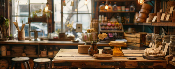 Obraz premium Artisanal shop background with handmade crafts, rustic wooden tables, and warm lighting.