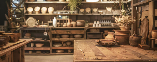 Artisanal shop background with handmade crafts, rustic wooden tables, and warm lighting.
