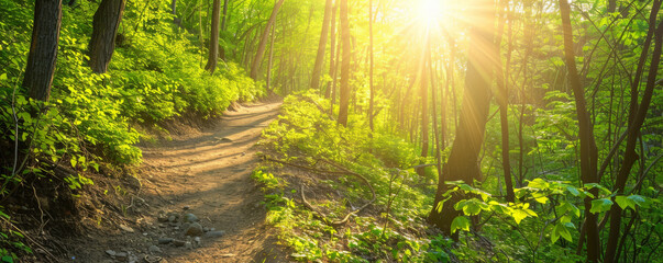 Fototapeta premium Summer background with a scenic hiking trail through a green forest and bright sunlight: Refreshing and adventurous, perfect for a summer hike