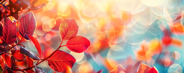 Autumn background with vibrant red and orange leaves, a crisp blue sky, and golden sunlight.