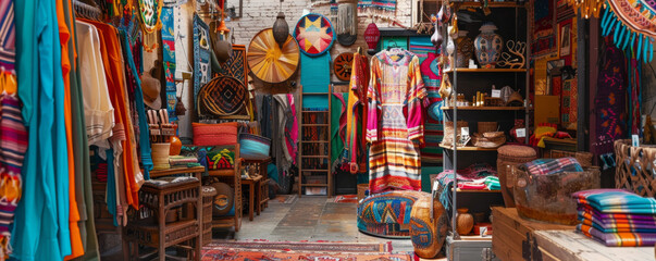 Naklejka premium Bohemian shop background with colorful textiles, eclectic decor, and vibrant artwork.