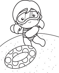 Happy Kids Doing Swimming Water Sport Activity on Summer Holiday Cartoon Coloring Set