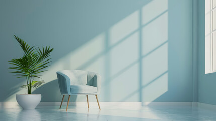 armchair with potted plant near window and light blue wall in living room interior, mock up for design and decoration concept