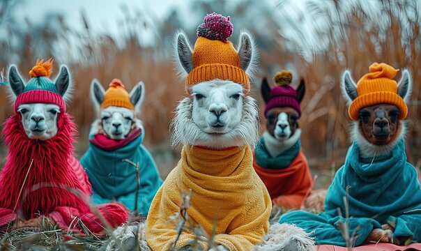 Cute funny llama group as yoga retreat in colorful clothes
