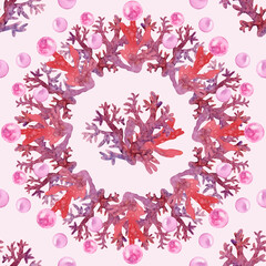 Fototapeta premium Marine seamless pattern red corals, shiny pink pearls frame wreath. Watercolor illustration Underwater background. Ocean nature. On pink. Summer vibes, Sea bottom. For fabric, wrapping , wallpaper