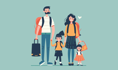 Family four standing together, animated characters ready trip. Father holds suitcase, wears backpack, mother carrying bag, children smiling. Casual attire, travel theme, happy facial expressions