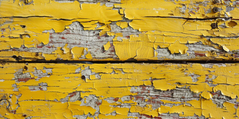 Obraz premium Distressed yellow wood background with peeling paint and rustic texture: Great for rustic or eclectic themes, the peeling paint and rustic texture of yellow wood add a unique and weathered appearance
