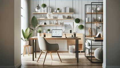 Design a modern home office setup with stylish furniture with minimalist decor.