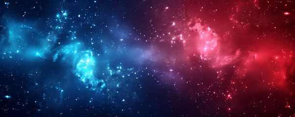 Fototapeta premium Electric space background with vibrant blue and red hues, bright stars, and black voids.