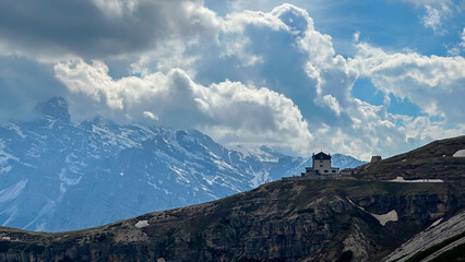 italian alps dolomites national park lake mountain trekking peaks tre cime brais lake carezza lake reflection clouds