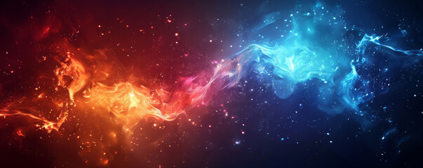 Obraz premium Electric space background with vibrant blue and red hues, bright stars, and black voids.