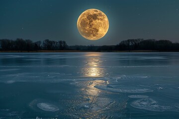 A full moon above a frozen lake with ice crystals sparkling in its light