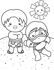 Happy Kids Doing Swimming Water Sport Activity on Summer Holiday Cartoon Coloring Set