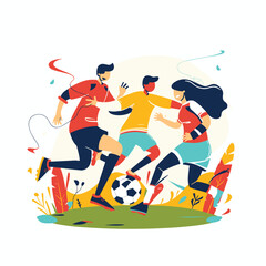 Four cartoon soccer players, male female, contesting ball. Men woman sports attire playing football, dynamic movement. Expressive figures red, yellow, blue playing soccer match, flat design
