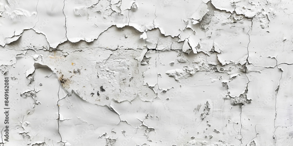 Poster desolate white wall with peeling paint and crumbling surface creating textured background for design