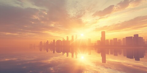 A beautiful sunset casts warm light over a tranquil cityscape reflected in the water