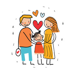 Family cartoon drawing showing love happiness. Parents child drawn simplistic style, expressing affection. Vibrant colors, cheerful mood, doodle hearts enhancing joyful atmosphere
