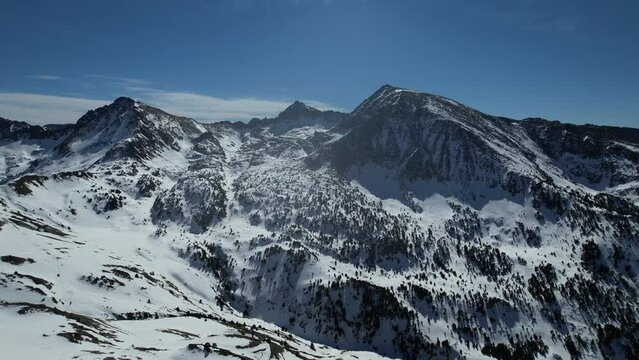 Aerial video over Coll blanc KSB ski resort, Andorra in a snowy winter