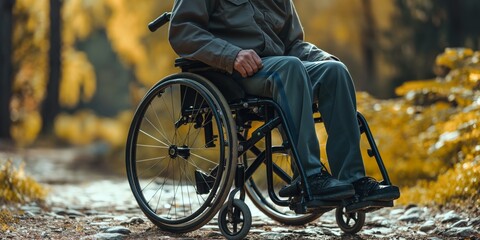An individual in a wheelchair on a forested path in autumn