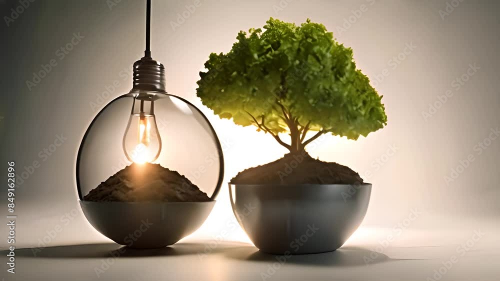 Poster lightbulb and bonsai tree in studio setting generative ai