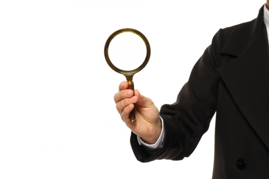 PNG, Male hand with magnifying glass, isolated on white background