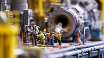 Tiny workers inspecting and cleaning in a power plant, with a focus on safety and efficiency, as if they are safeguarding the energy supply.