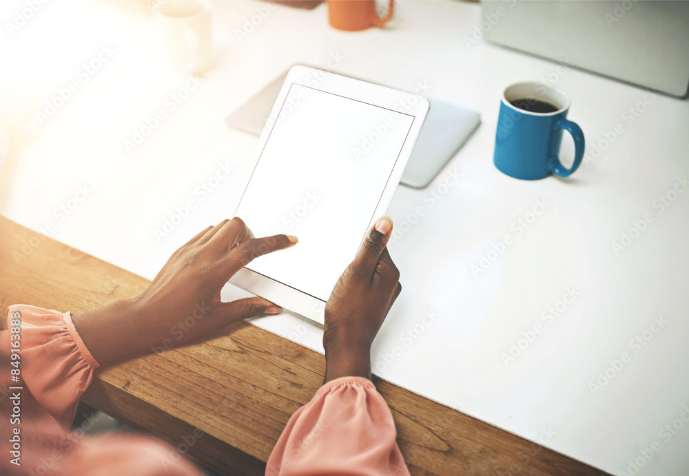 Poster business woman, touch and browsing with tablet screen for research, app or interface at office desk.