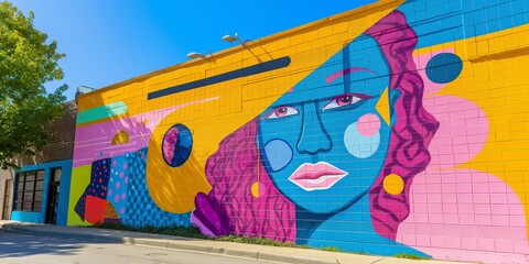 Large colorful street mural with a stylized female face incorporated into an abstract design