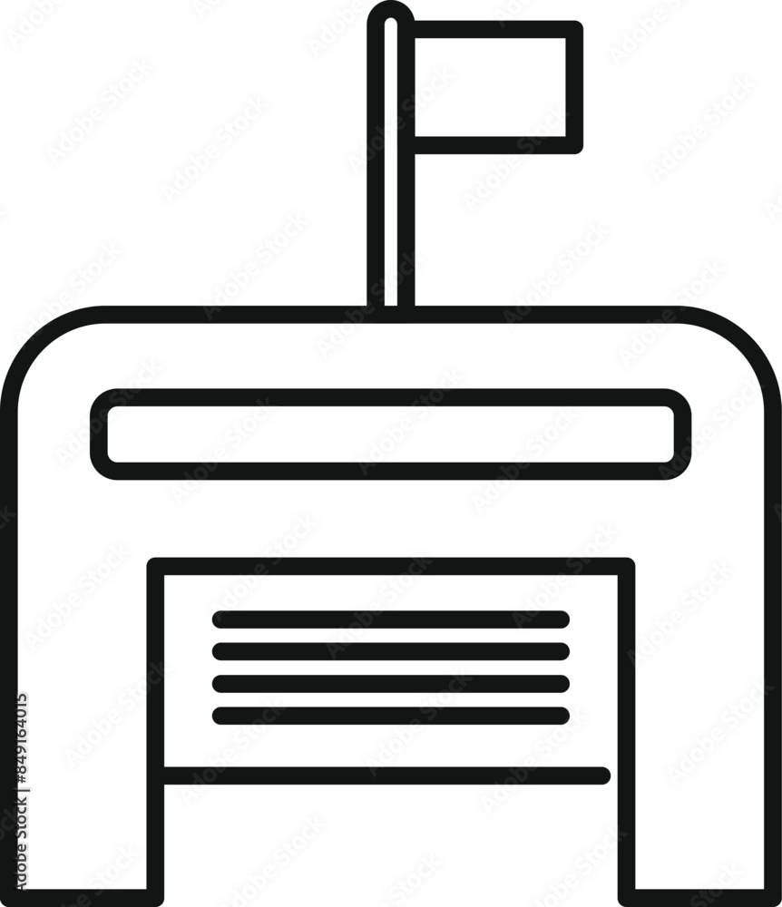 Poster simple outline of a checkpoint building with an open barrier and a waving flag