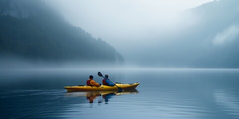 Two kayakers in a yellow tandem kayak on a serene misty lake with calm waters