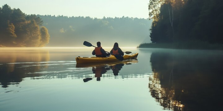 Calm lake with kayakers creating ripples during golden hour amidst serene nature