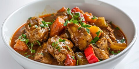 Fototapeta premium A white bowl filled with a delicious chicken stew recipe, featuring tender meat and savory vegetables, set against a clean white background.