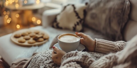 Woman's hands holding a warm cup of coffee beside cookies on a table, depicting a cozy, leisurely atmosphere