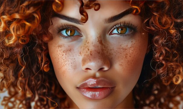 Close-up portrait of a beautiful woman with curly brown and reddish hair