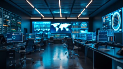 Fototapeta premium Modern Control Room with Blue Lighting