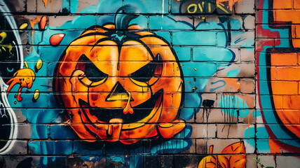 Pop art comic street graffiti with a Halloween Pumpkin on brick wall. Halloween background banner.