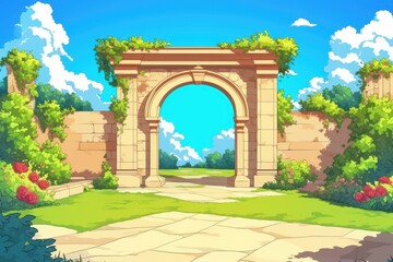 Fototapeta premium Stone Archway Leading to a Sunlit Garden