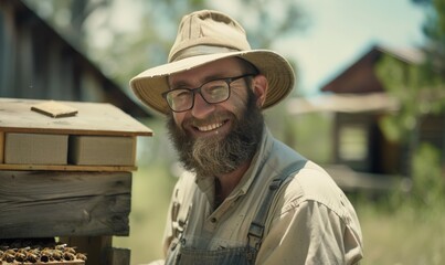 Fototapeta premium Cheerful beekeeper checking beehive