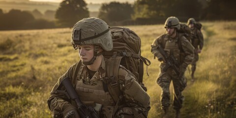 Fototapeta premium Soldiers marching through the field