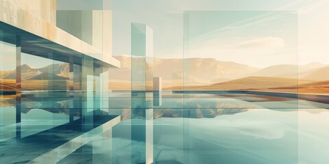 Fototapeta premium Modern architecture with glass structures blending into desert landscape, contemporary design concept. Background with copy space.